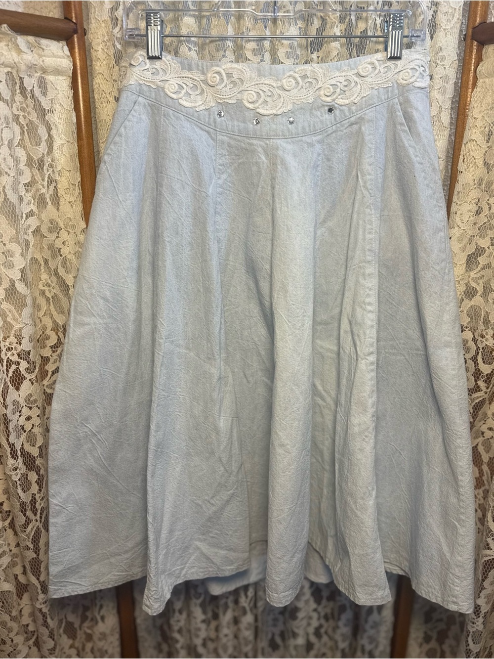 Vintage Light Wash Denim Cottagecore Midi Skirt | Lace Trim | Made in USA